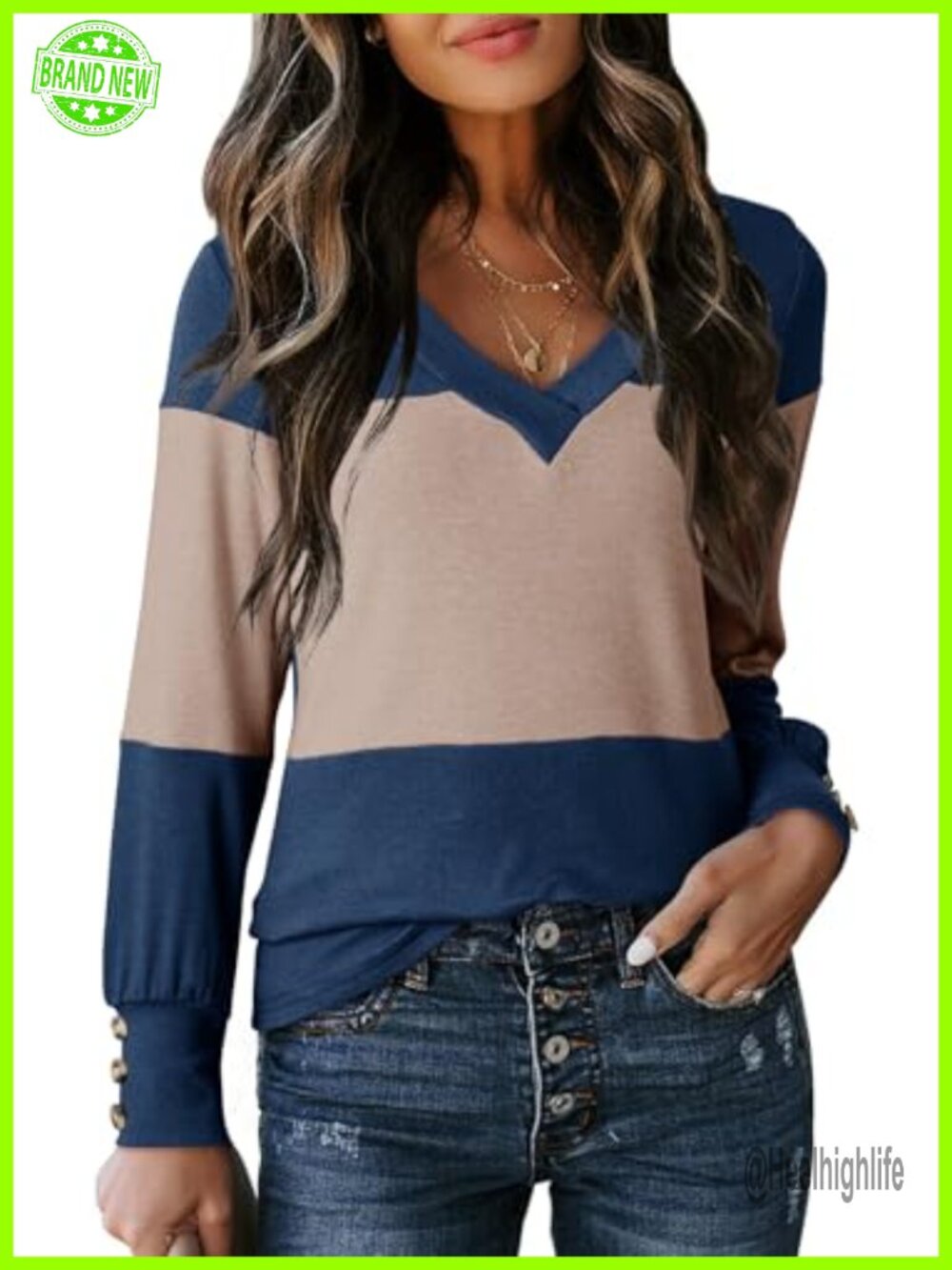 Womens Long Sleeve V Neck Color Block Pullover Casual Sweater Blouse